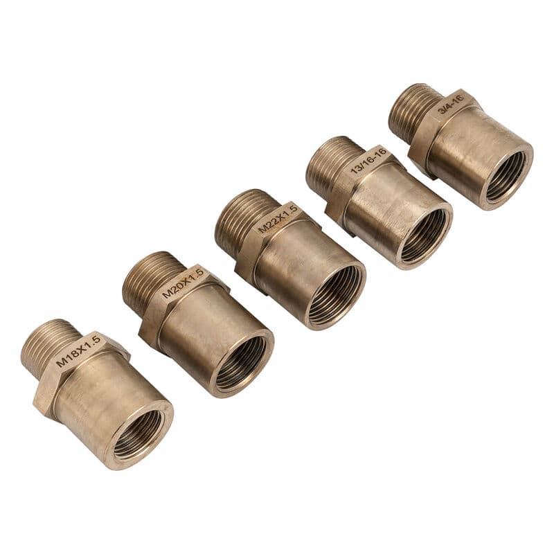 Proflow steel oil filter sandwich plate adapter set. Five-pack covering 13/16"-16, 3/4"-16, M18x1.50, M20x1.50 and M22x1.50 thread sizes.