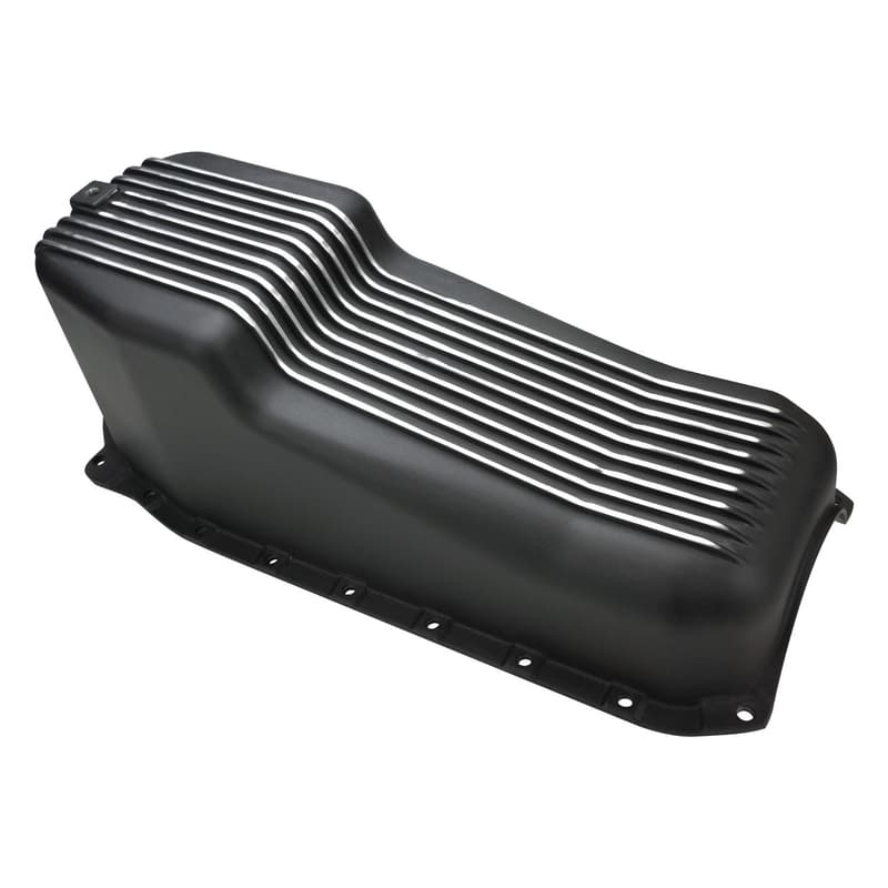 RTS Oil Pan, Cast Aluminum, Machined Finned, Black 4 qt, 1986-2002 SB Chev, R/H Side Dip Stick,1 Piece Rear Main,