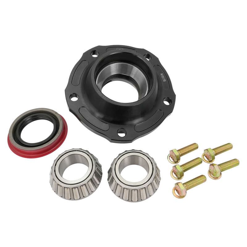 RTS billet aluminium pinion support for Ford 8-inch diff, black anodised, with HD bearings, pinion seal, and Grade 8 bolts.
