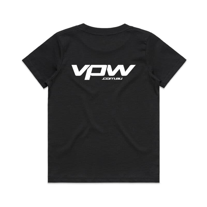VPW black cotton youth t-shirt, size 10, with VPW logo graphic print.